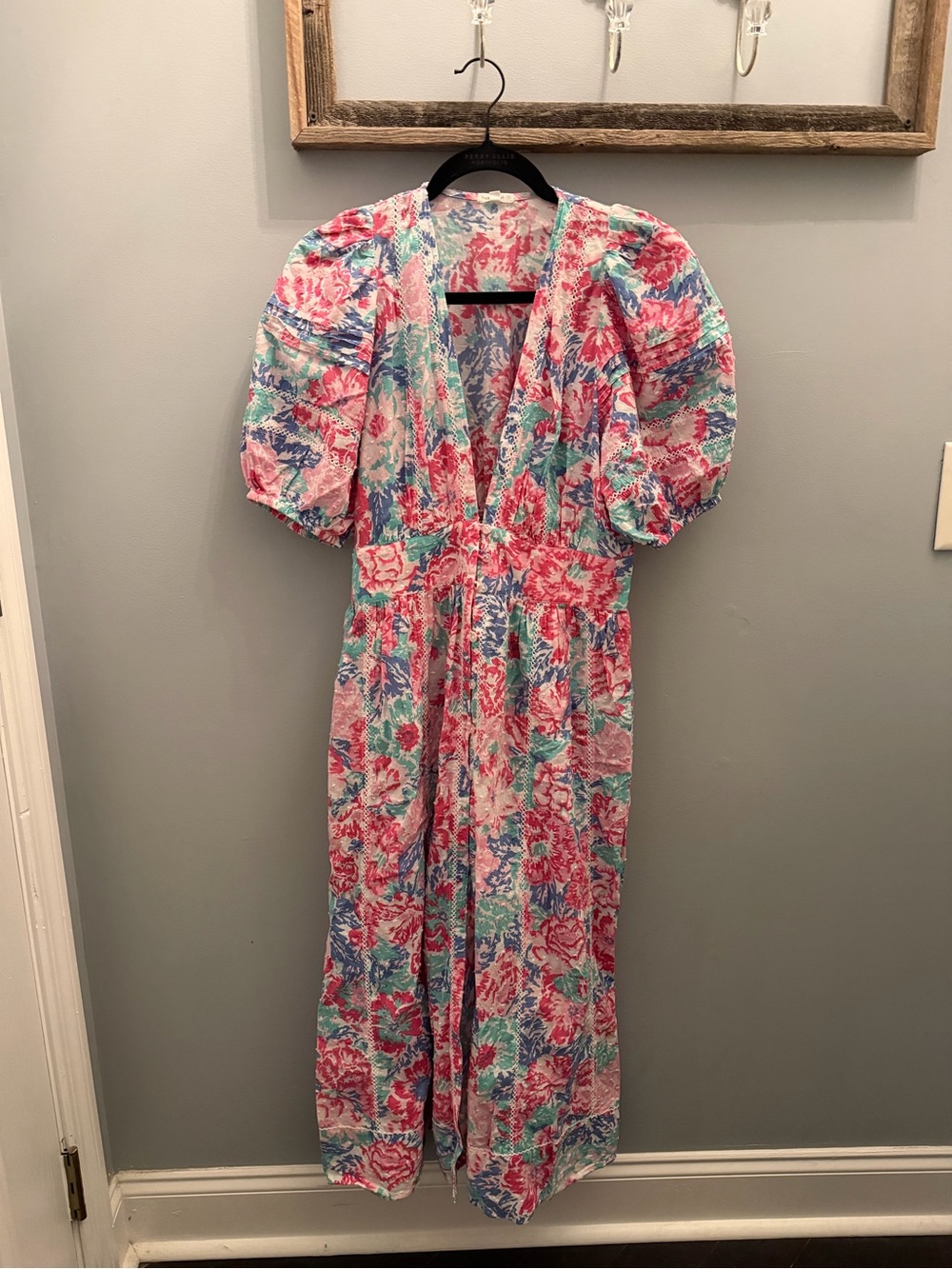 Poupette St. Barth Pink Blue Green Floral Puff-Sleeve V-Neck Maxi Dress